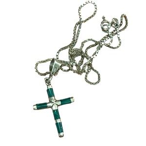 Vintage sterling silver 925 Malachite cross pendant necklace